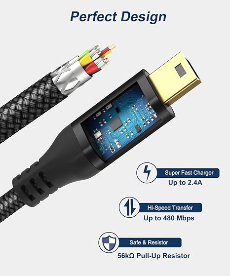 Mini USB 2.0 to Mini B Cable - 3M Braided Data & Charging Cable Compatible with PS3 Controller, Garmin GPS, Blue Yeti, Hero 3/4, Dash Cam, Nikon, Canon(Black, 3m)