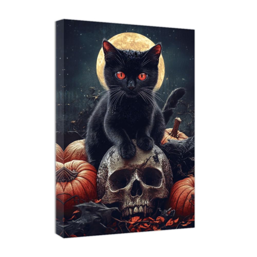 ZXHYWYM Black Cat Wall Art Halloween Wall Decor Animal Pictures Spooky Canvas Prints Gothic Painting Dark Academia Room Home Decor Framed (Red, (30.00 x 45.00 cms))