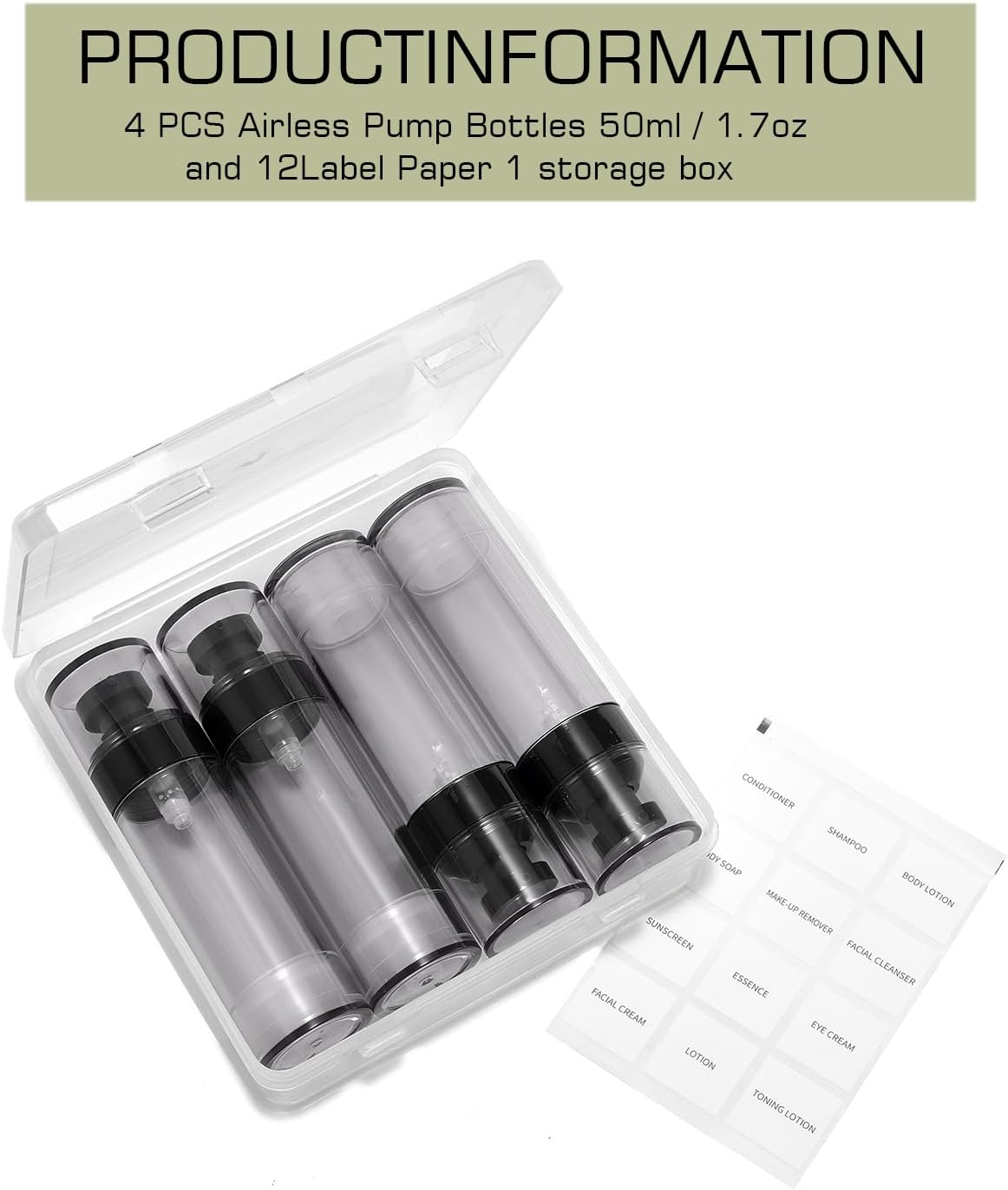 airless pump bottles travel,travel toiletry containers,lotion dispenser with pump,small pump bottle (black, black-50ml)