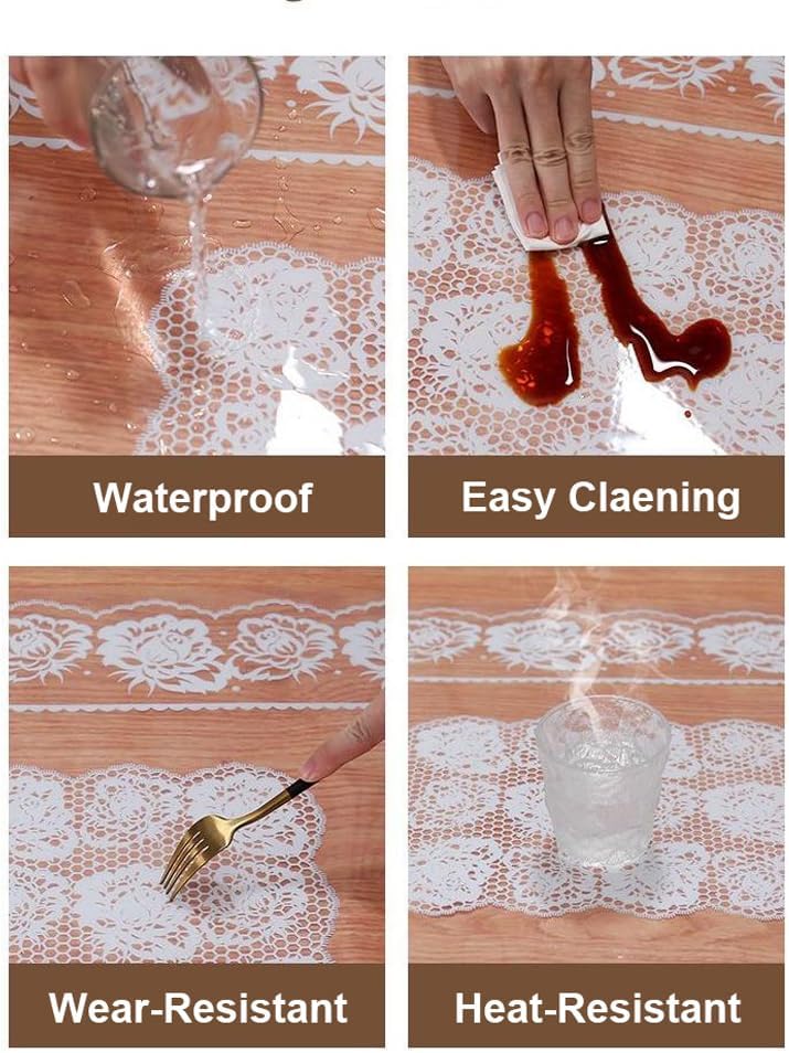 Round Clear Table Protector with Floral Pattern,Waterproof Oil-Proof Plastic Tablecloth PVC Vinyl Round Desk Pad Mat for Dining Room Tables,Easy Clean (95cm/37.4in,Khaki)