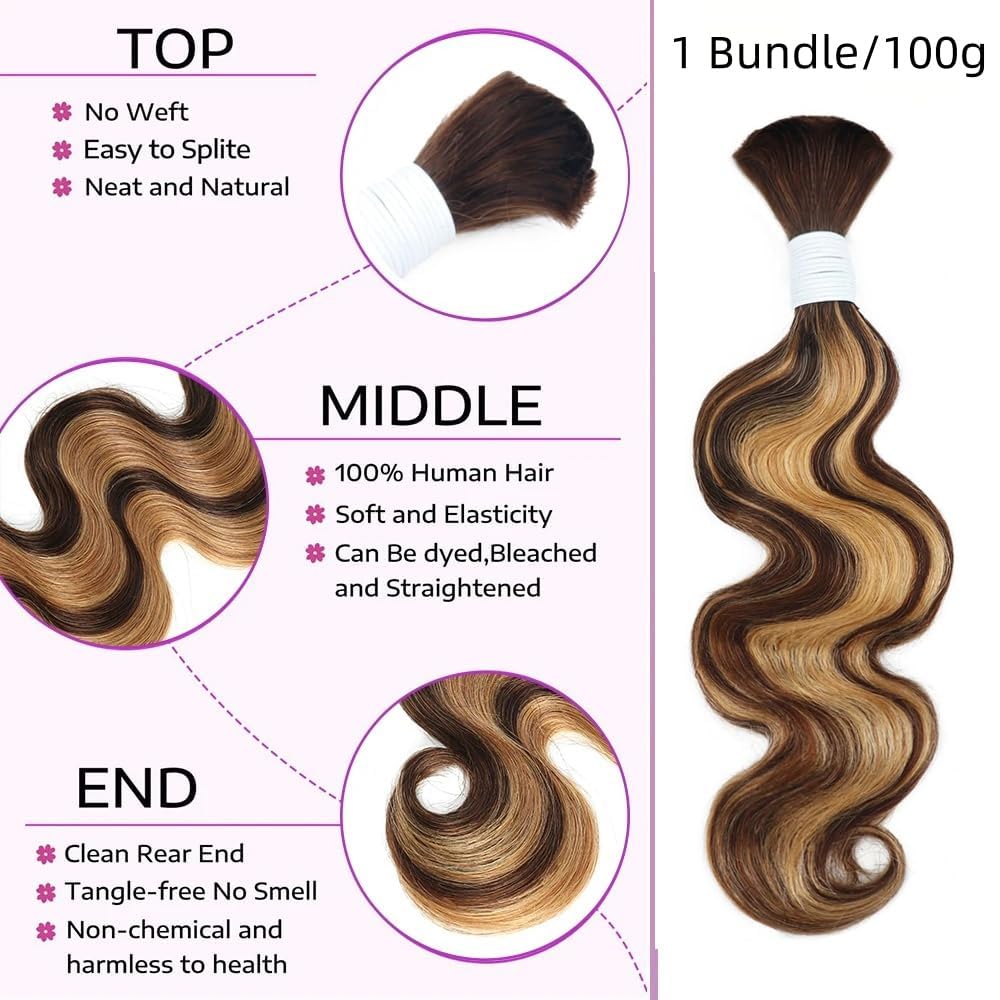 Human Braiding Hair P4/27 Body Wave Bulk Human Hair for Braiding No Weft 1 Bundle 100g 10A Brazilian Curly Human Hair Extensions for Boho Braids (22 Inch)