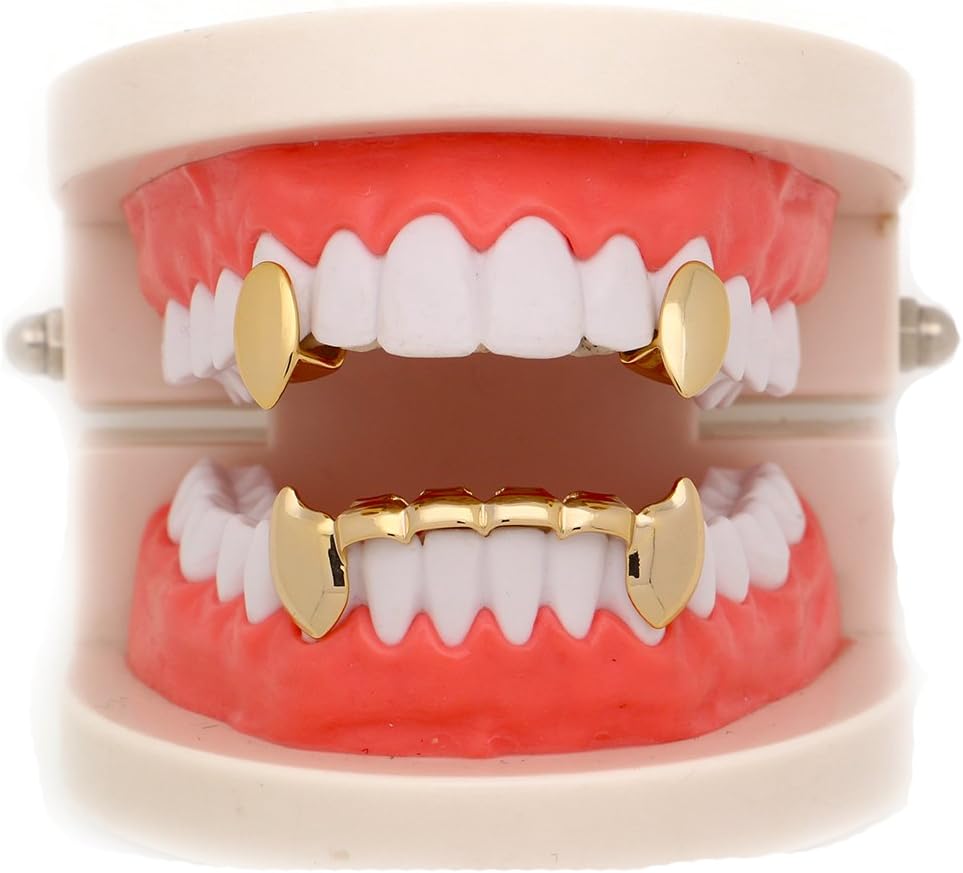 14k Gold Vampire Dracula Teeth Grillz 2pc Single Fangs and 6 Bottom Grillz Set for Halloween Costume Cosplay