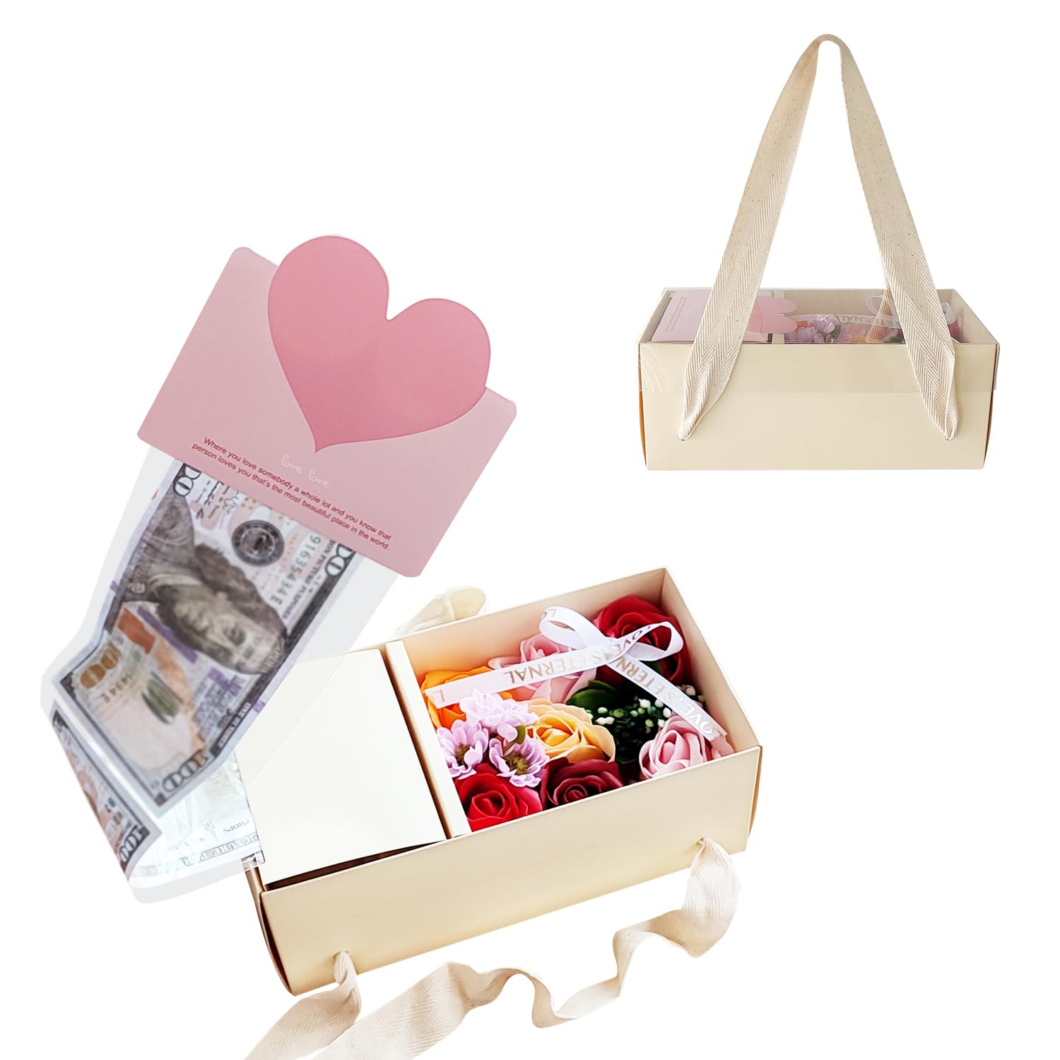 Magicaldiy Money Box for Cash Gift Pull, Money Roll Pull Out Surprise Box with Soap Rose Flower and Greeting Cards