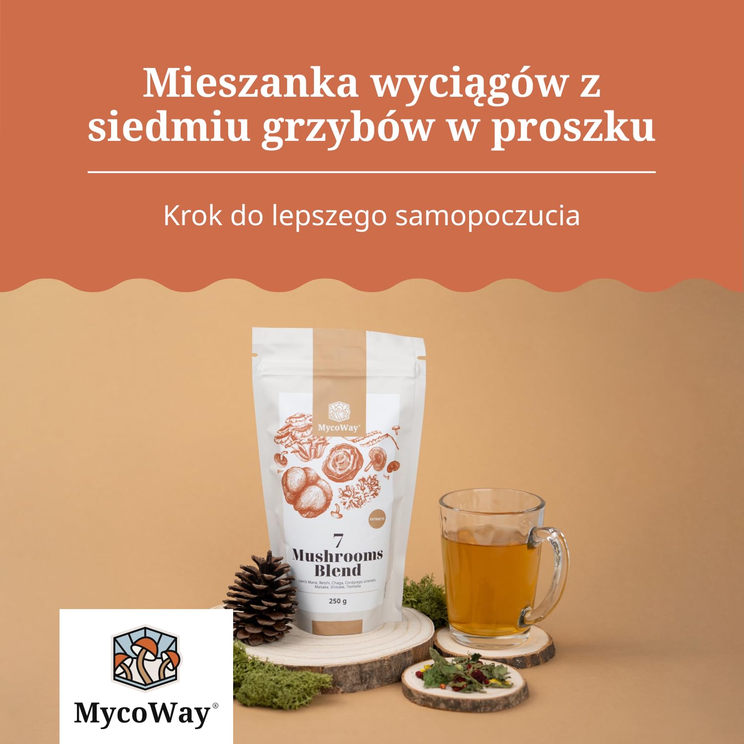 Mieszanka wyciągów z siedmiu grzybów w proszku od MycoWay – 250 g – 62 porcje – Silne naturalne wyciągi – Zastrzyk energii – Kompleksowe wsparcie dla organizmu
