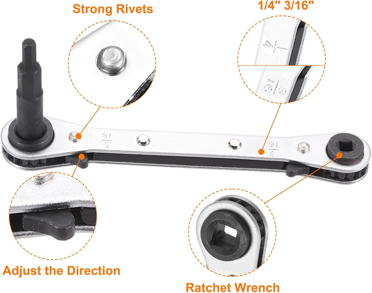 HARFINGTON HVAC Service Wrench 1/4" 5/16" 3/16" 3/8" 180 Degrees SAE Double Head 16-Teeth Air Conditioner Valve Reversible Ratchet Wrench for Refrigeration Equipment Repair, Silver