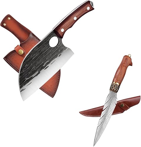 ROCOCO Paquete de cuchillos de chef serbio con cuchillo de deshuesado de plumas carnicero de carne caza al aire libre campamento barbacoa regalo