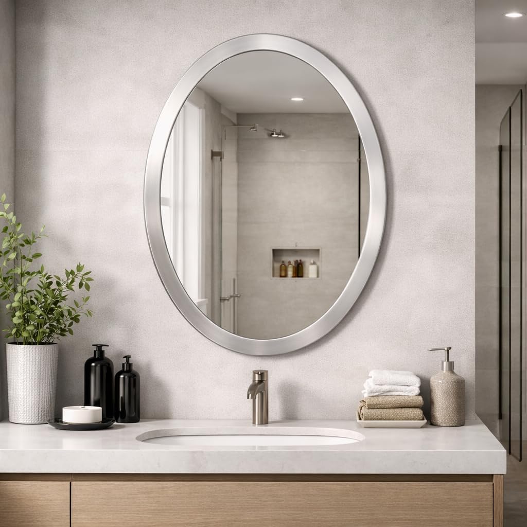 Head West Brushed Nickel Oval Mirror 23" x 29" with Beveled Edge – Stainless Steel Framed Bathroom Mirror for Over-the-Sink, Bedroom, Entryway, Living Room & Hallway