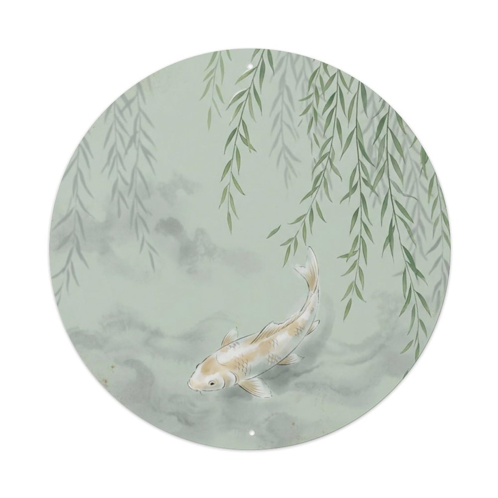Fqcyn Style Koi Fish Willow Mist Morning Livingroom Metal Tin Sign Plaque Wall Decor For Cafe, Club Bar, Office, Home Garden Round Metal Poster 8X8inch