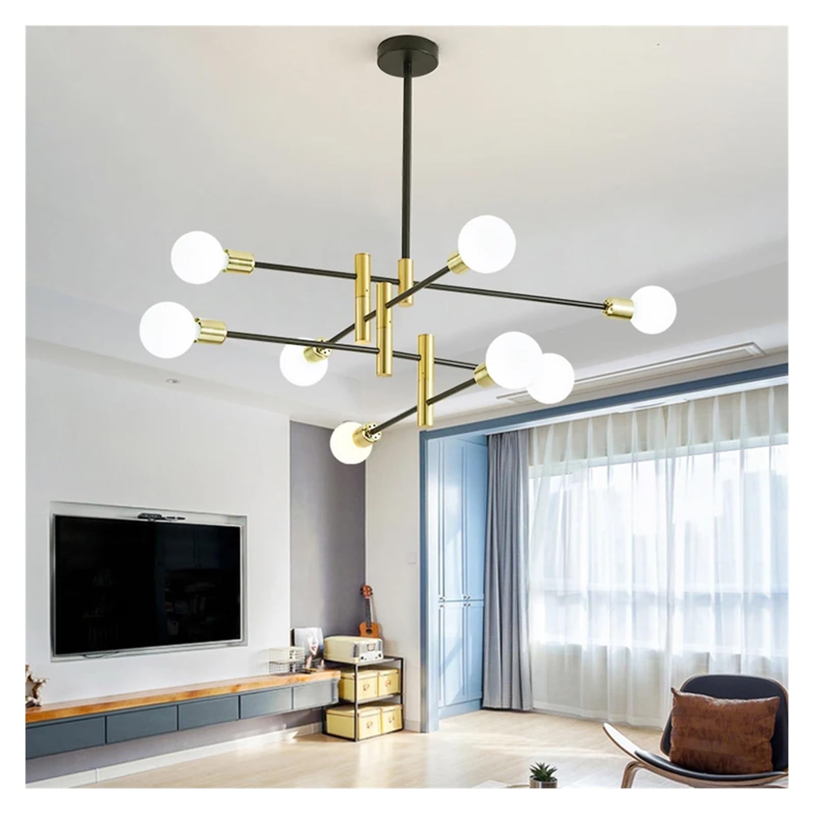 Lustre nordique 8 têtes pour éclairer un grand salon sombre avec élégance et modernité