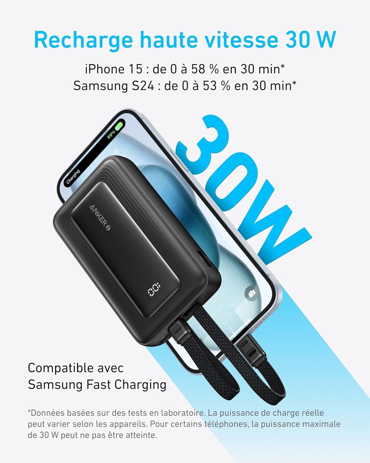Anker Power Bank 10000 mAh 30 W, draagbare snellader, met geïntegreerde USB- C- en Lightning-kabels, MFi-gecertificeerd, 1C1A voor iPhone 17 Pro Max/ Serie 16-12, MacBook, Galaxy (zwart