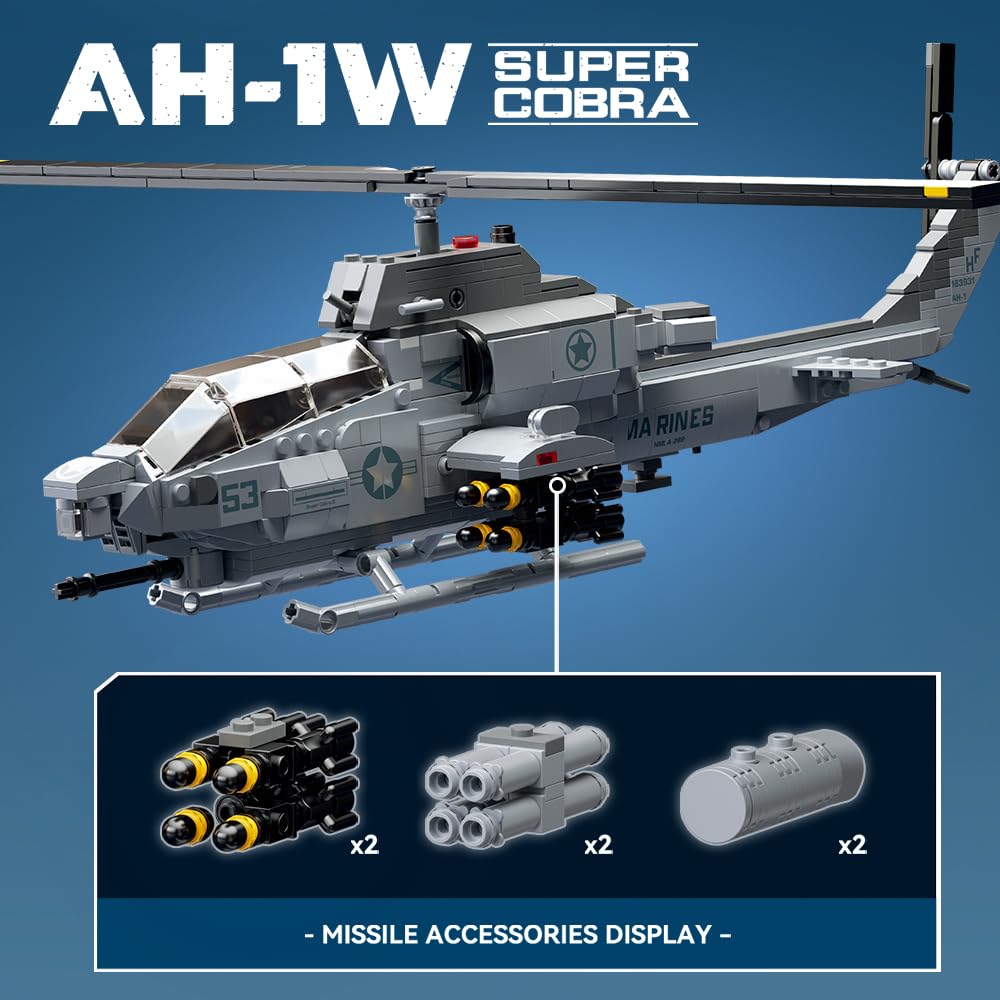 MISINI M8024 AH-1W Super Cobra Armed Helicopter Building Blocks Set, 958 Pcs Military Medium 1:35 Helicopter Building Kit - Image 3