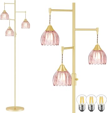 Shenmoyl Stepless Dimming Floor Lamps for Living Room, Bedroom, Gold Standing Lamp with 3pcs 6W Bulbs, Vintage Brass Floor Lamp for Corner, Nursery Pink Tulip