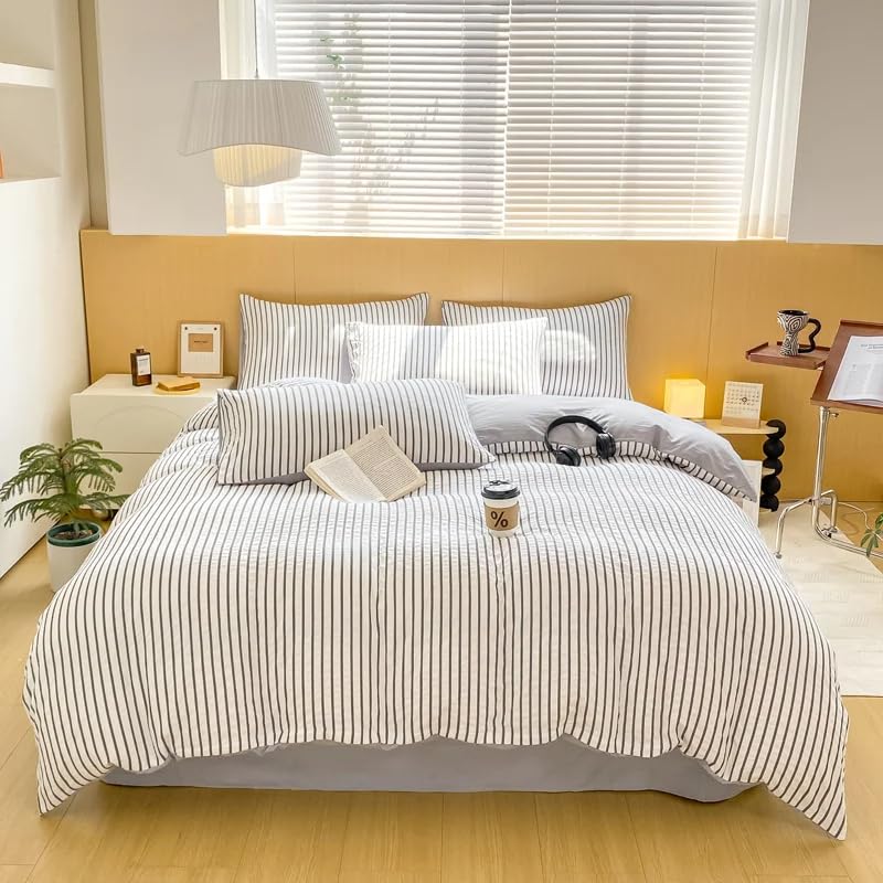Housse de couette 260x240 imprimé gris blanc ensemble de literie à rayures simples