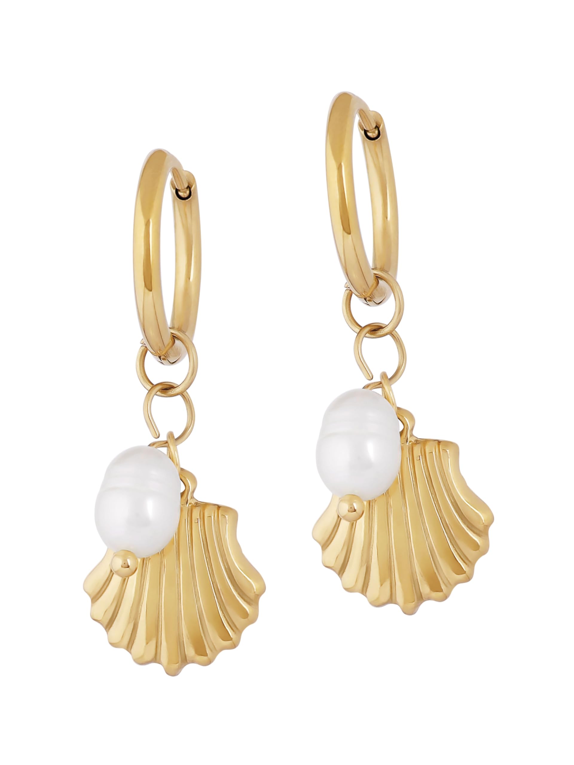 MINACHI Gold-Plated Sea Shell Pendant Hoop Dangle Drop Earrings with Elegant Pearl Charm, Ocean Inspired Jewelry Gift for Women