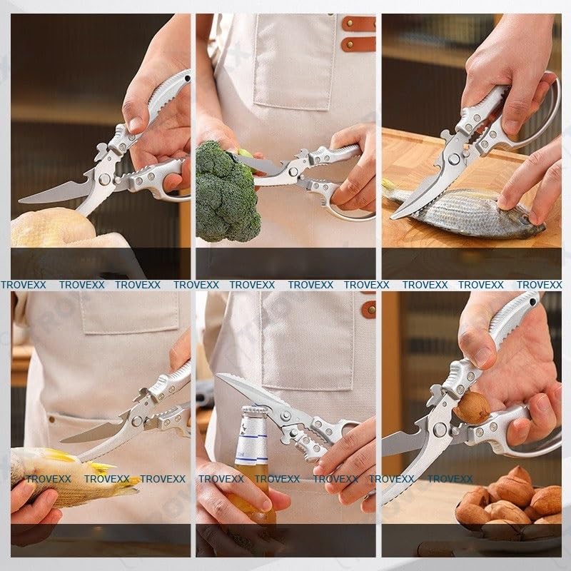Image of Heavy Duty Poultry Shears Kitchen Scissors for Chicken Meat Fish & Turkey Cutting. Multifunction Japanese Chef Shear with Safety Lock, Non Slip Handle, Bottle Opener & Nut Cracker