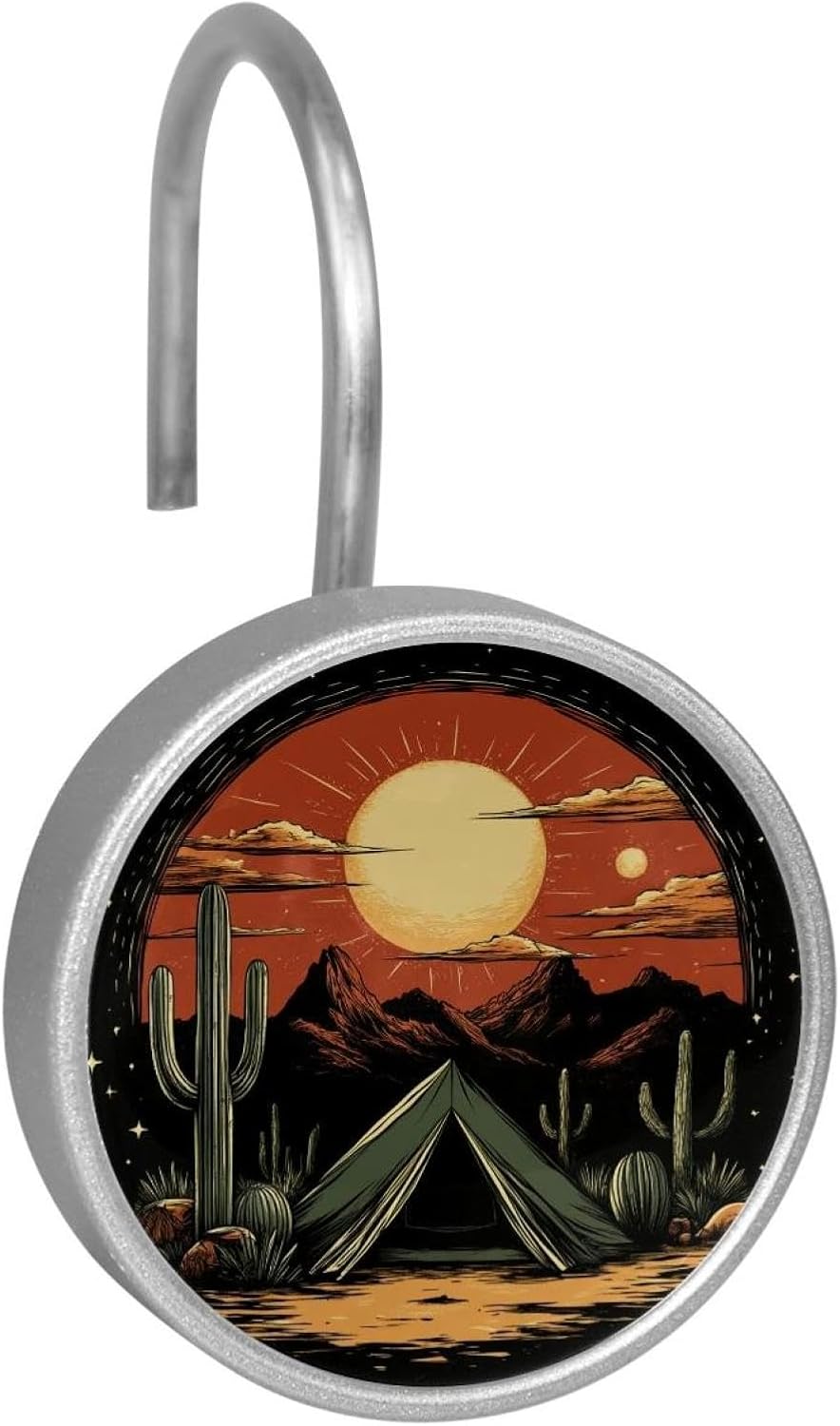 Set of 12 Desert Camping with Cactus Print (1) Shower Curtain Hooks, Stainless Steel Shower Hangers for Bathroom, Rustproof Decorative Shower Rings for Bedroom Living Room Shower Curtain Rod