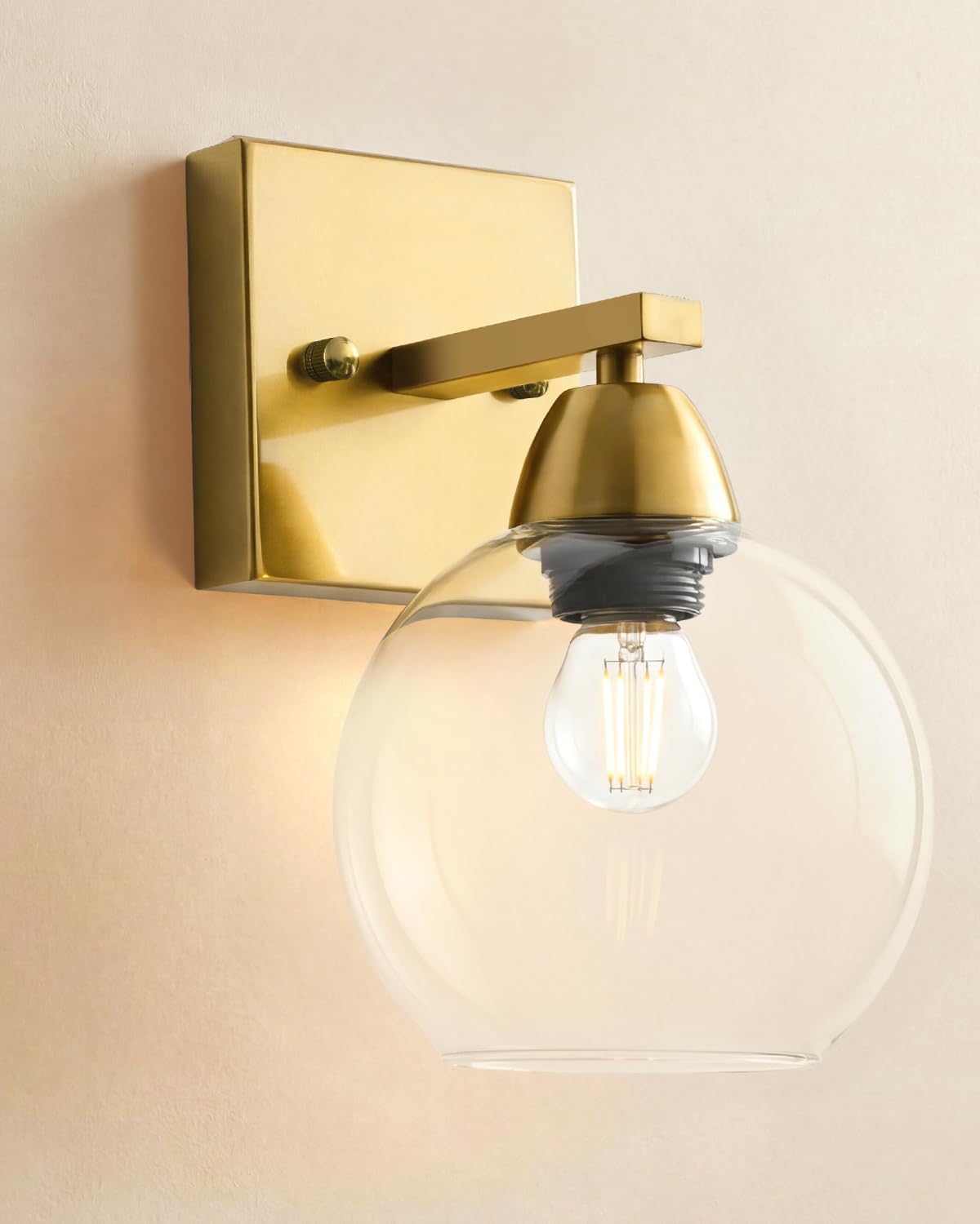 Bathroom Light Fixtures, 1-Light Matte Gold Vanity Light with Hand-Blown Thick Glass Shade, High Clarity & Durable, Wall Sconce for Mirror, Kitchen, Bedroom, Hallway