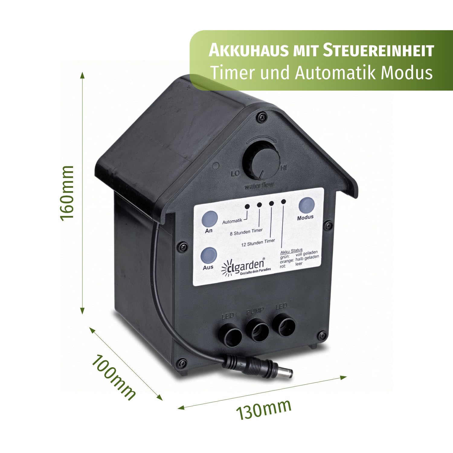 CLGarden NASP5 Solar Teichpumpe mit Akku 1100 l/h Springbrunnenpumpe mit 22W Solarpanel, LED & Timer für Gartenteich, Wasserspiel & Bachlauf