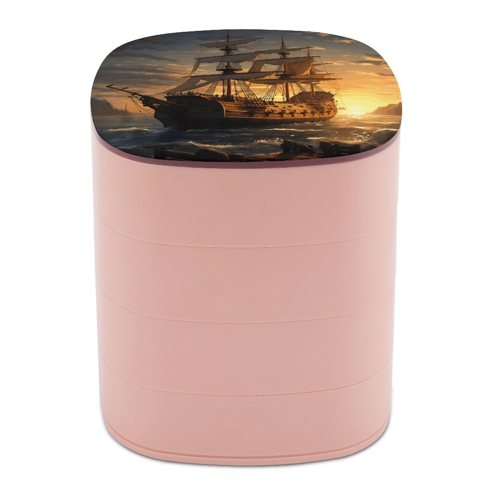 VstaDank Fantasy Pirate Ship Jewelry Box with Mirror Travel Small Jewelry Case for Women 4-Layer Rotatable Jewelry Organizer Storage Box Portable Jewelry Storage Case for Rings Earrings