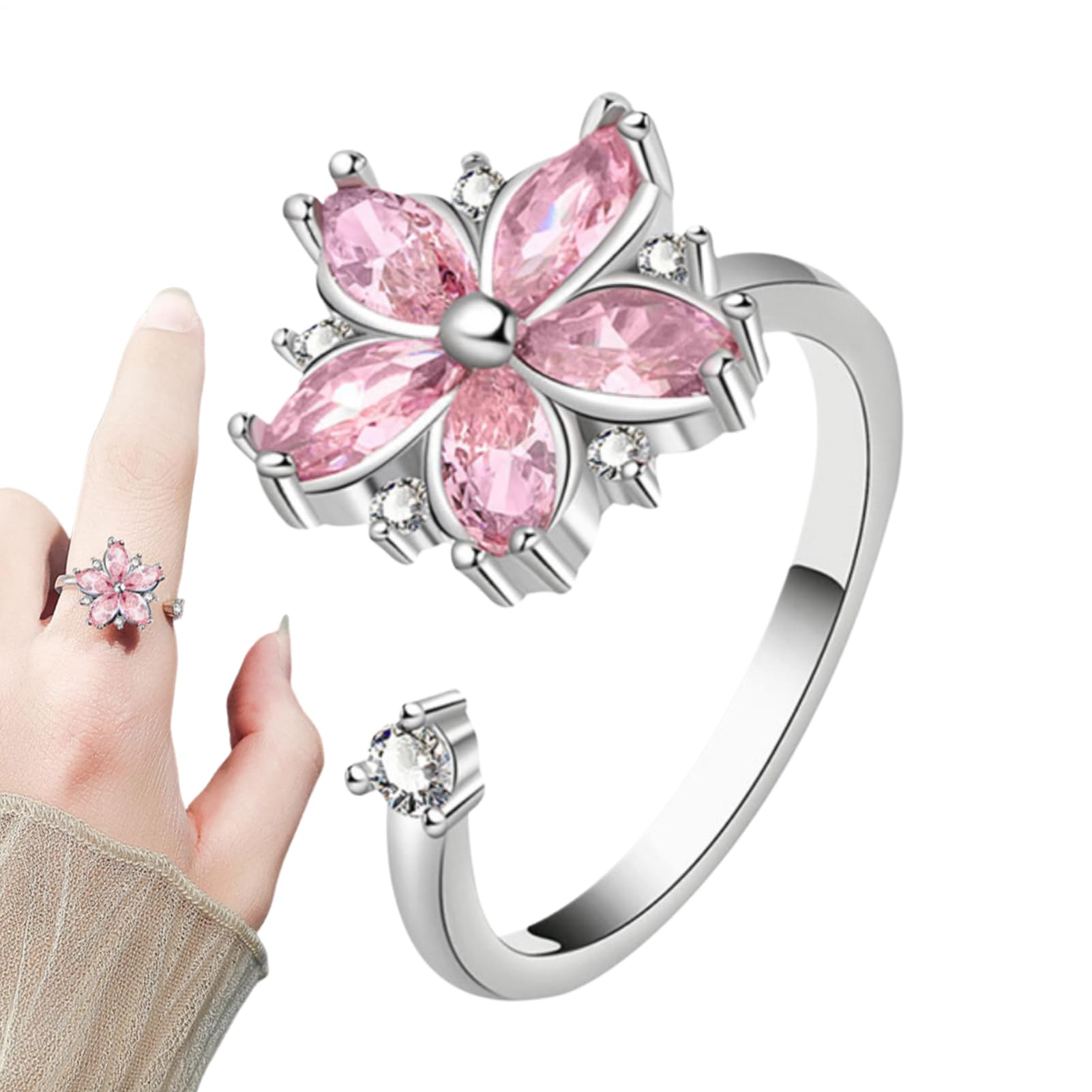 Spinner Ring, Fidget Ringer Finger, Adjustable Floral Design Distress Reliever Aid, Stress Rings Bands for Women, Workplace, Airplane, Meditation Focus, Color Silver with Pink