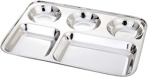 Miniatura 4 de WhopperIndia Plato rectangular de acero inoxidable con cinco compartimentos, Thali, bandeja de desorden, juego de 2 platos plateados, 13.4in
