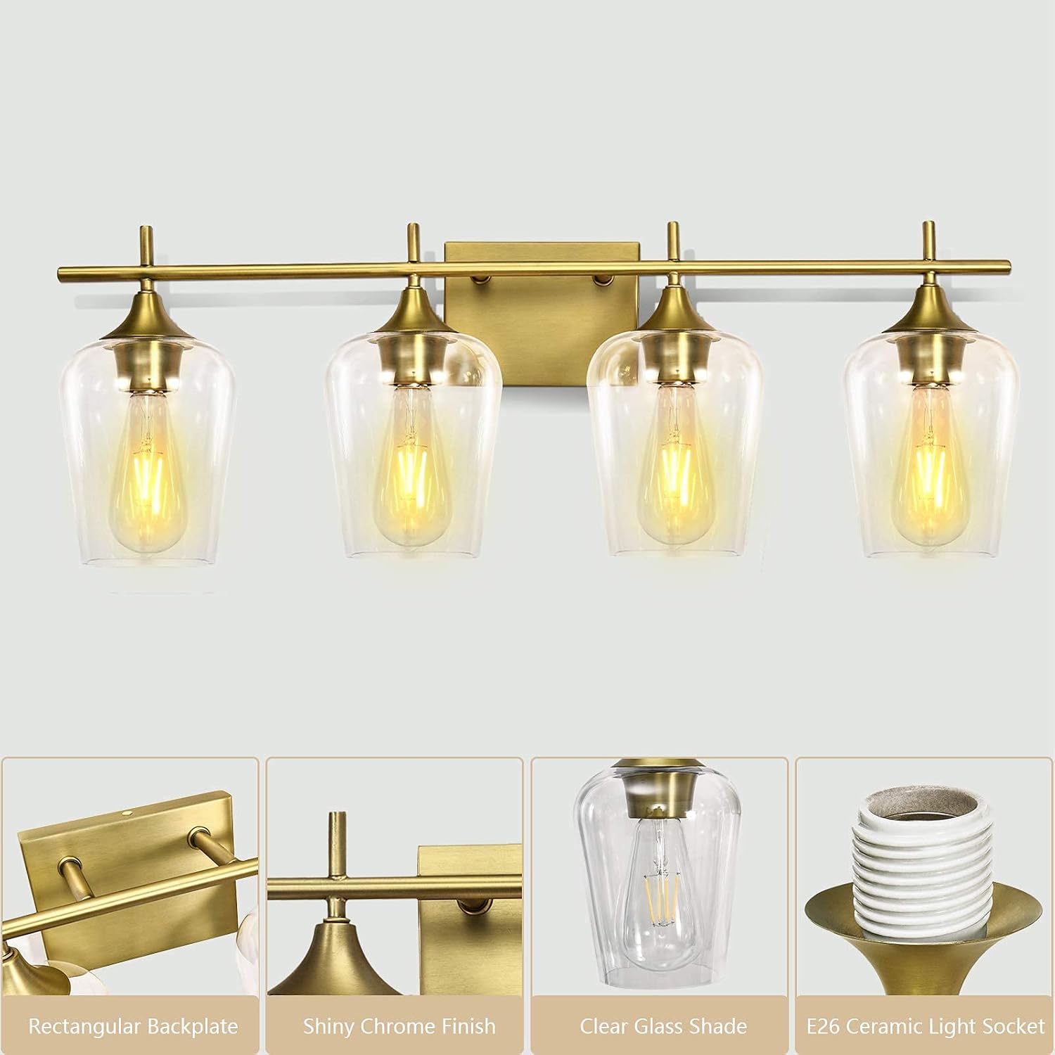 80% оƒƒ Dіѕсоunt Vanity Lights Fixtures, Zicbol 4 Light Bathroom Light, Brass Gold Wall Light with Clear Glass Shade, Modern Bathroom Wall Sconce Lighting for Bath, Living Room, Bedroom, Stairs, Gallery, Restaurant