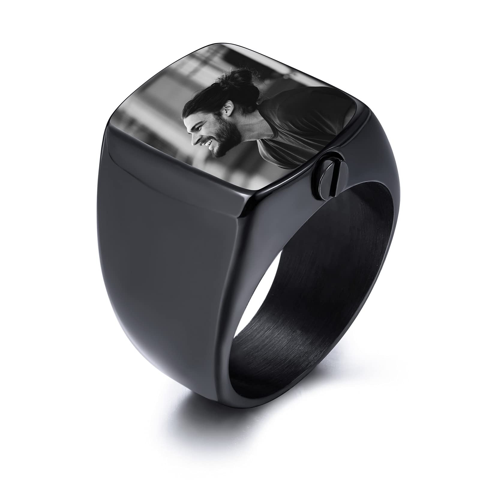 INBLUE Personalized Stainless Steel Cremation Urn Signet Ring for Men Women Pet Customized Black & White Photo Ashes Holder Memorial Jewelry with Funnel Kit (Black Size P)