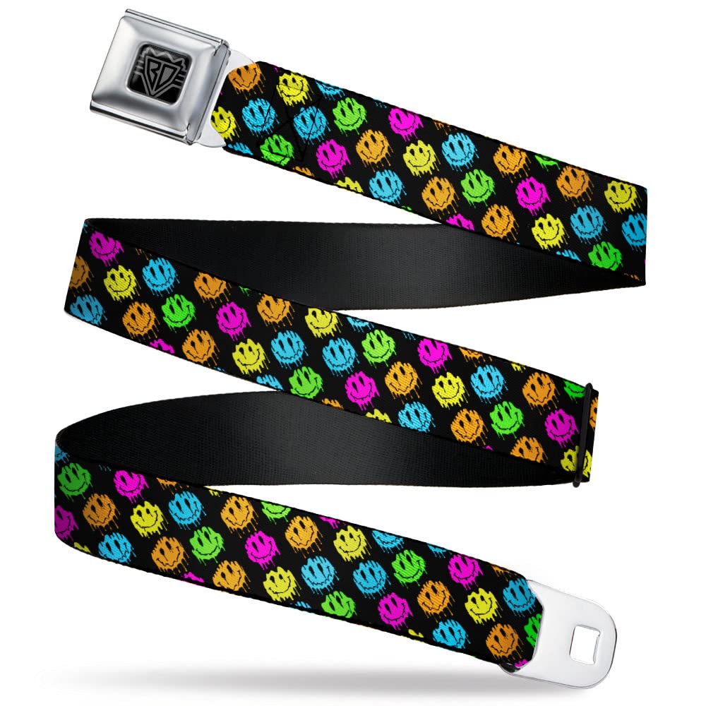 Buckle-Down Belt, Seatbelt Buckle Belt, Smiley Faces Melted Mini Repeat Angle Black Multi Neon, 24 to 38 Inches