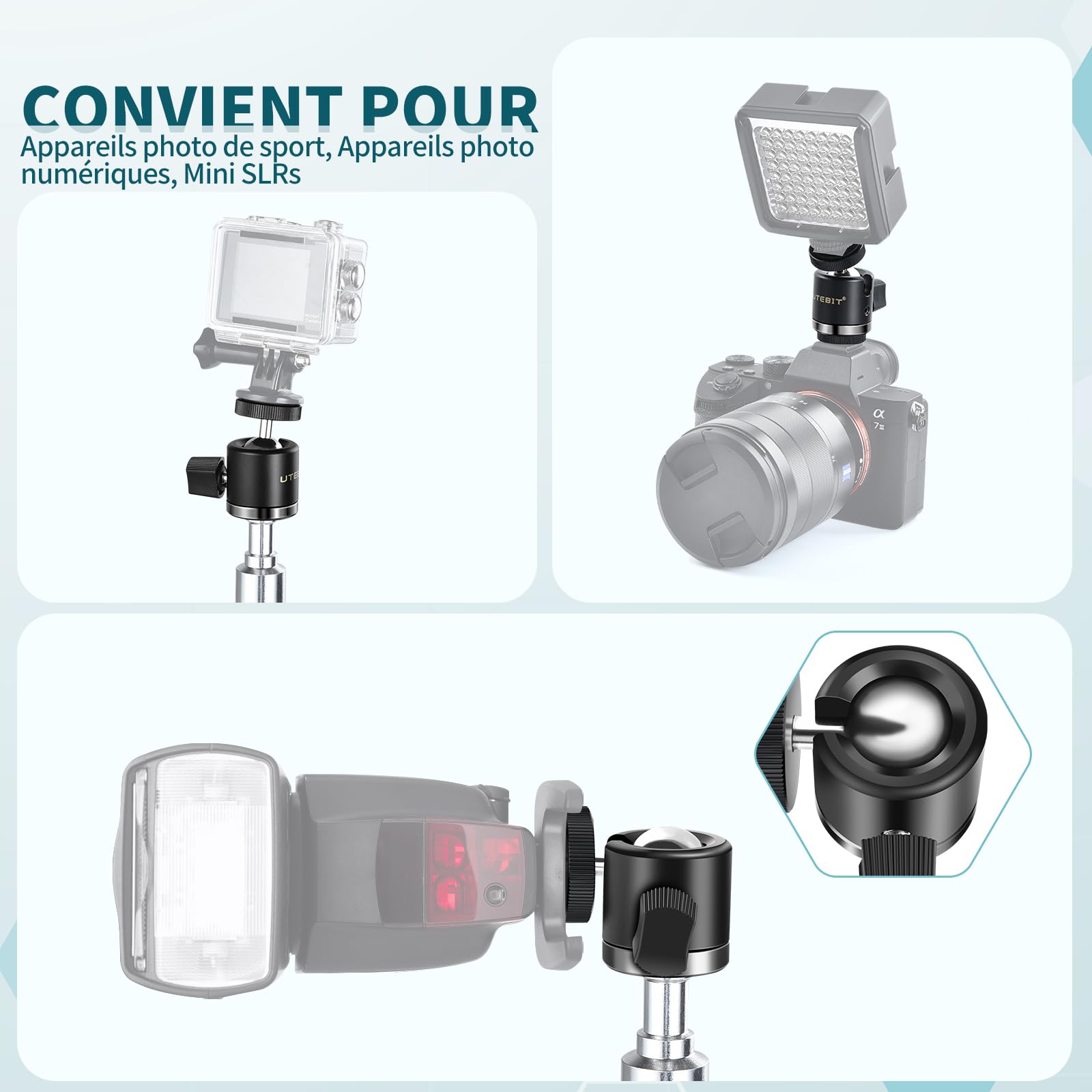 UTEBIT Mini Rotule Photo, Rotule de Fixation Pivotante 360 Noir pour Appareil Photo/Micro/Flash, Adaptateur Support pour Monopode, Trepied