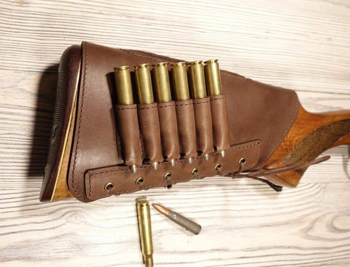 Leather Rifle Buttstock Cover With Cheek Rest – Holds 8 Cartridges, Adjustable & Padded, Fits .308, .30-06, .270, 7.62x54R & More