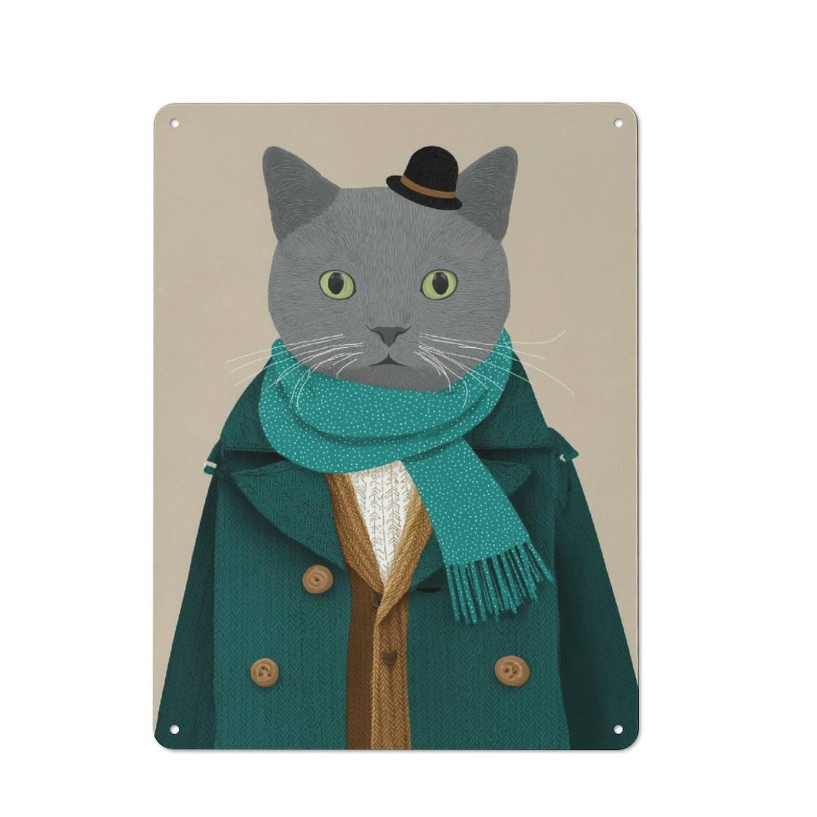 Junmoney Style-14 Metal Sign 40X30cm With Dapper Cat Portrait For Hallway Wall, Retro Decor, Gift For Hallway Decor Lovers During The Christmas Season