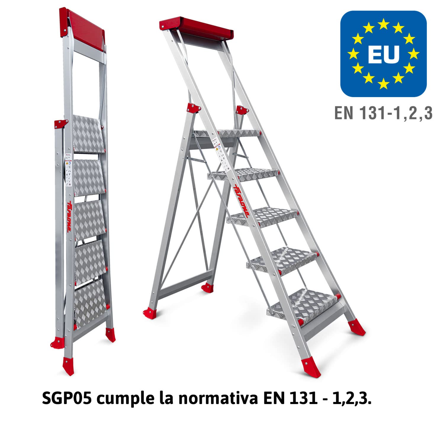 Faraone - Taburete Alto de Aluminio SGP05 - con 5 Peldaños - 177x57x15 cm - Plegable y Ligero - Ideal para Trabajos en Altura - Peso Soportado de 150 kg - Peldaños Antideslizantes