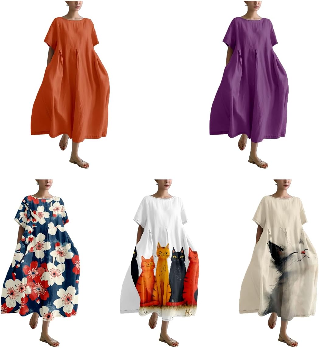 Womens Boho Summer Dresses Casual Soft T Shirt Dress Elegant Crew Neck Short Sleeve Sundress Beach Travel