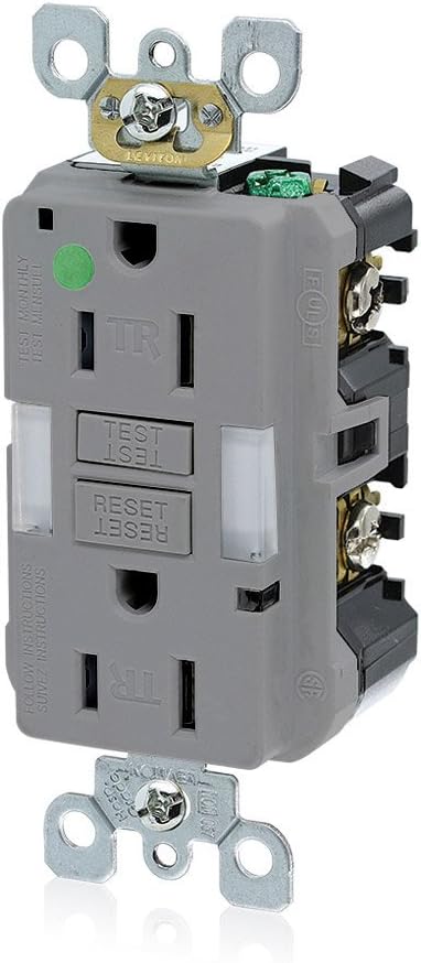 Leviton 15A-125V Hospital Grade Tamper-Resistant Guide Light Duplex Self-Test GFCI Receptacle, 15-Amp, GFNL1-HGG, Gray
