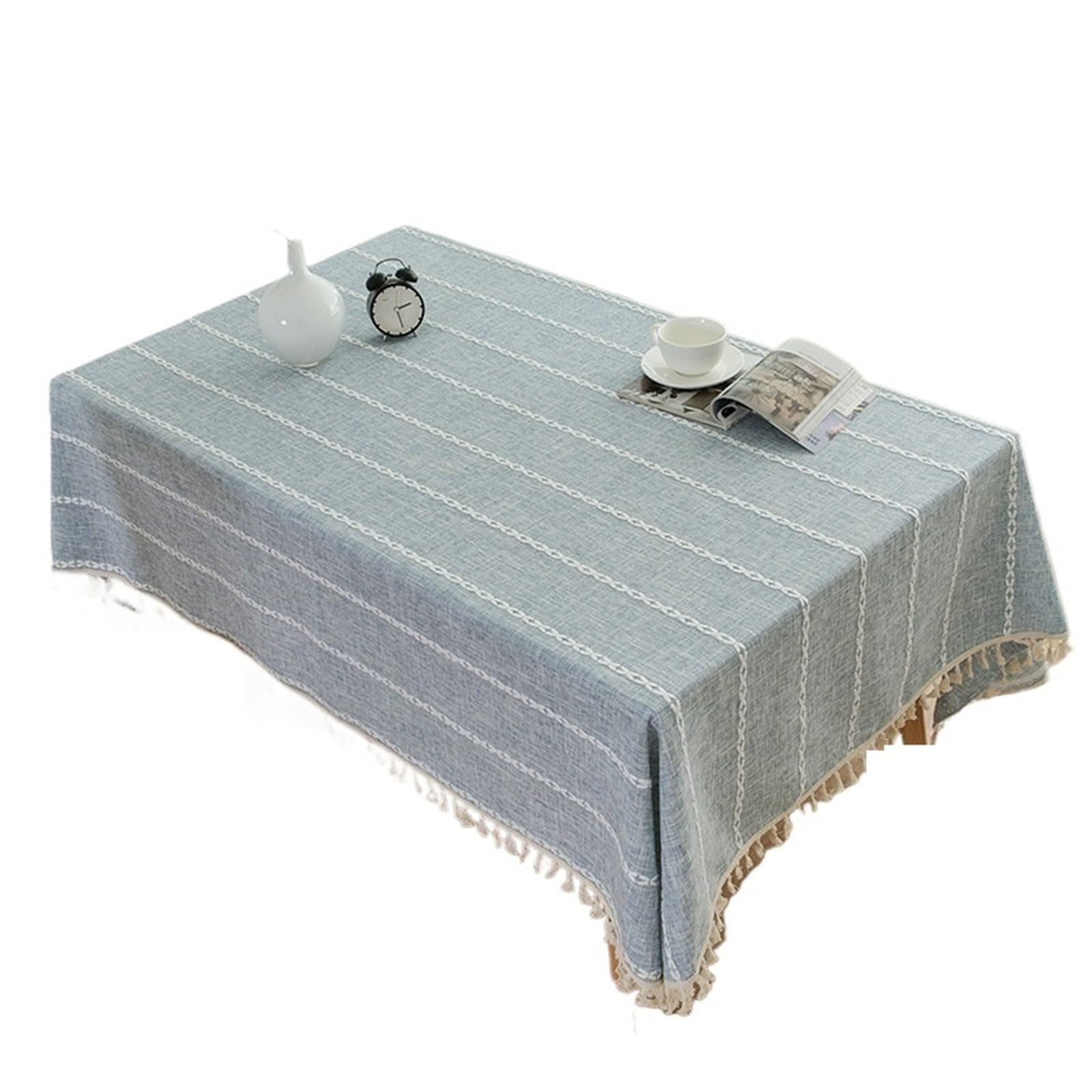 FonHNDG Striped Tablecloth Rustic Embroidery Table Cloth, Cotton Linen Stripe Tassel Tablecloth Antifouling Dust Proof Cover For Kitchen Dining Decor(Grey blue,90x140cm)