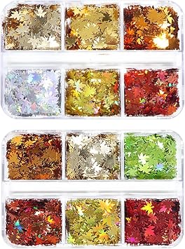 GSHLLO 2 Boxes 12 Grids 6mm Maple Leaf Nail Glitters Fall Nail Art Flakes Charms Sparkle Holographic Nail Sequins Laser Nail Decals Colorful Autumn Nail Decorations for Acrylic Nails