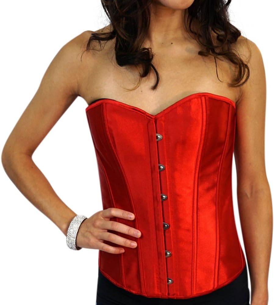 Chicastic Black Satin Sexy Strong Boned Corset Lace Up Overbust Waist Cincher Bustier Bodyshaper Top - Also White & Red