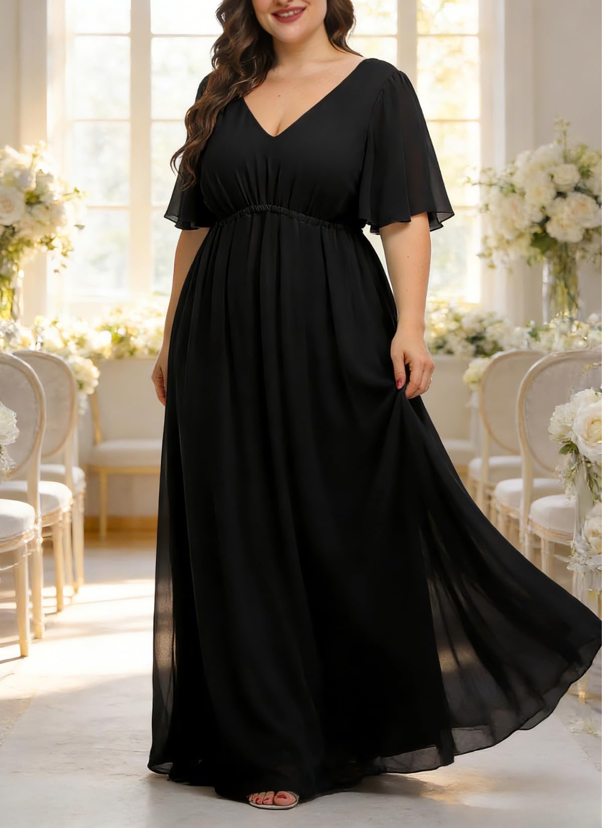 Pinup Fashion Vestido Largo Formal de Gasa con Doble Cuello en V y Cintura Imperio para Fiesta de Noche, Talla Grande