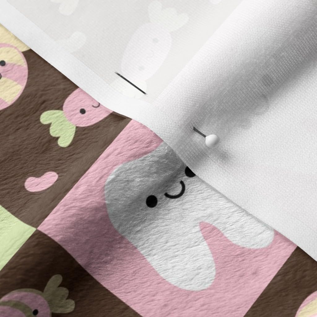 Spoonflower Fabric - Happy Teeth Checkerboard Brown Pink Light Green Tooth Fairy Dental Printed on Minky Fabric by The Yard - Sewing Baby Blankets Quilt Backing Plush