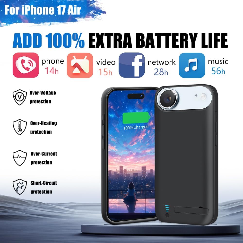 Battery Case for iPhone 17 Air, 6000mAh Rechargeable Extended Battery Charging/Charger Case, Add 100% Extra Juice (6.5 Inches) Black