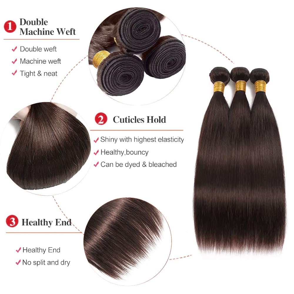 Brown Color 4 Straight Human Hair Bundles 14/16/18 Inch Dark/Chocolate Brown Straight Weave Bundles Double Weft Brazilian Remy Human Hair Sew-In Extensions Soft & Thick