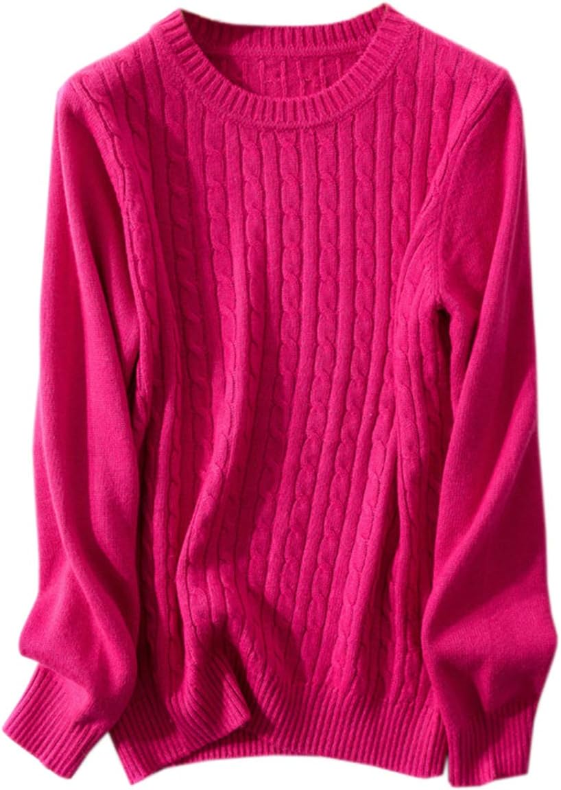 Women's Long Sleeve Crewneck Cashmere Blend Pullover Cable Knitted Sweater Shirt Tops, Fuchsia, US Medium = Tag 2XL