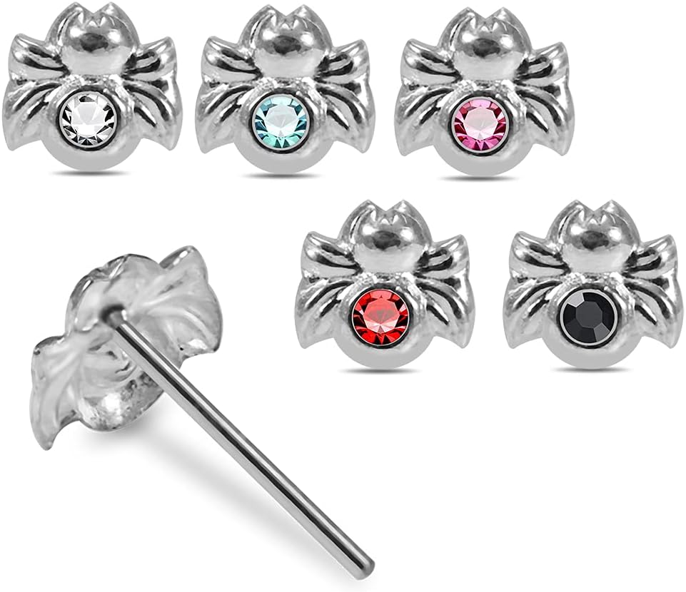 Crystal Stone Spider Design 22 Gauge 925 Sterling Silver Straight Nose Pin - Nose Stud - Tiny Nose Ring - Nose Piercing Body Jewelry