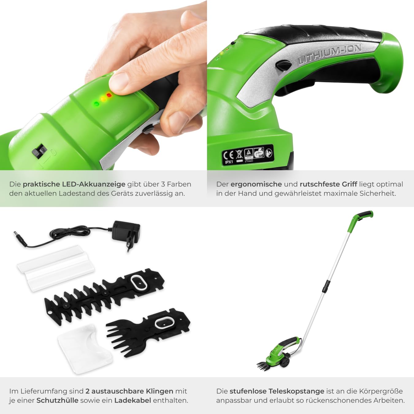 tectake® Akku Heckenschere elektrisch, Strauchschere 7.2V, Grasschere mit 2 Aufsätzen, Rasentrimmer mit Teleskop Stange, Rasenkantenschneider, elektrische Gartenschere mit Messer Aufsatz, Trimmer