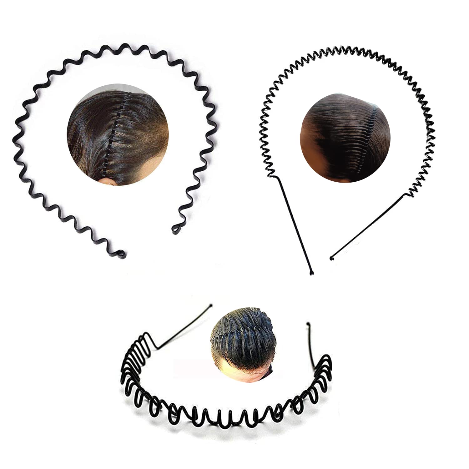 Pack of 3 Black Flexible Metal Wavy,Spring Zig Zag Hair Band Hair Hoop Hairband Daily Use for Unisex Men Women (Design 8(pack 3))