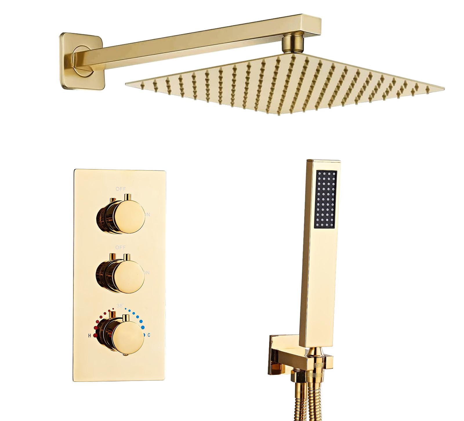 Sanitemodar Gold Concealed Shower Set Thermostatic, Concealed Brass Shower Mixer with 30 x 30 cm Shower Head, Built-in Shower Kit with Hand Shower
