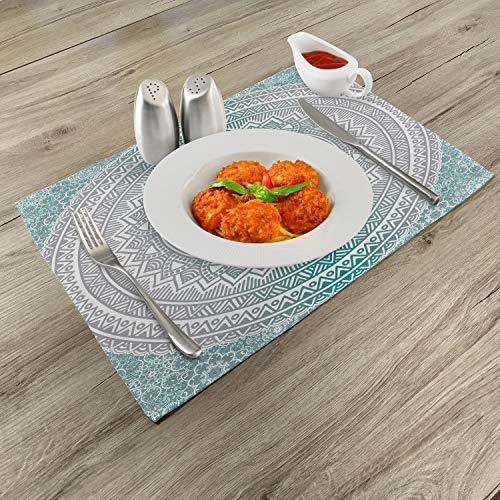 Ambesonne Grey And Teal Place Mats Set Of 4, Mandala Ombre Design Space Geometric Center Point Boho Art, Washable Fabric Placemats For Dining Table, Standard Size, Grey Teal #TOP1