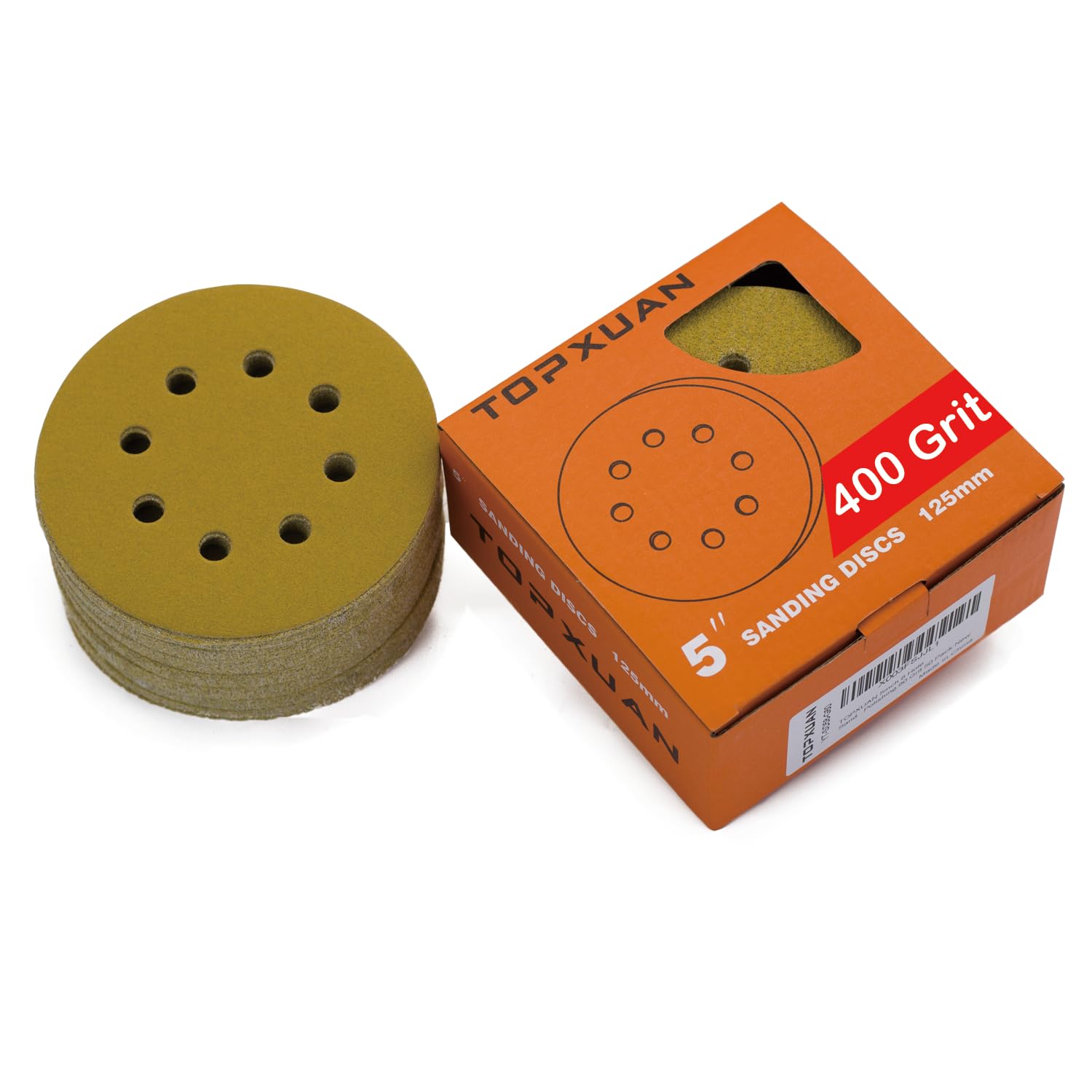 TOPXUAN Orbital Sander Pads 5 Inch 8 Holes 400 Grit Sanding disc,Hook and Loop Wet/Dry Gold Replacement Sandpaper,Suitable for Wood,Plastic Grinding