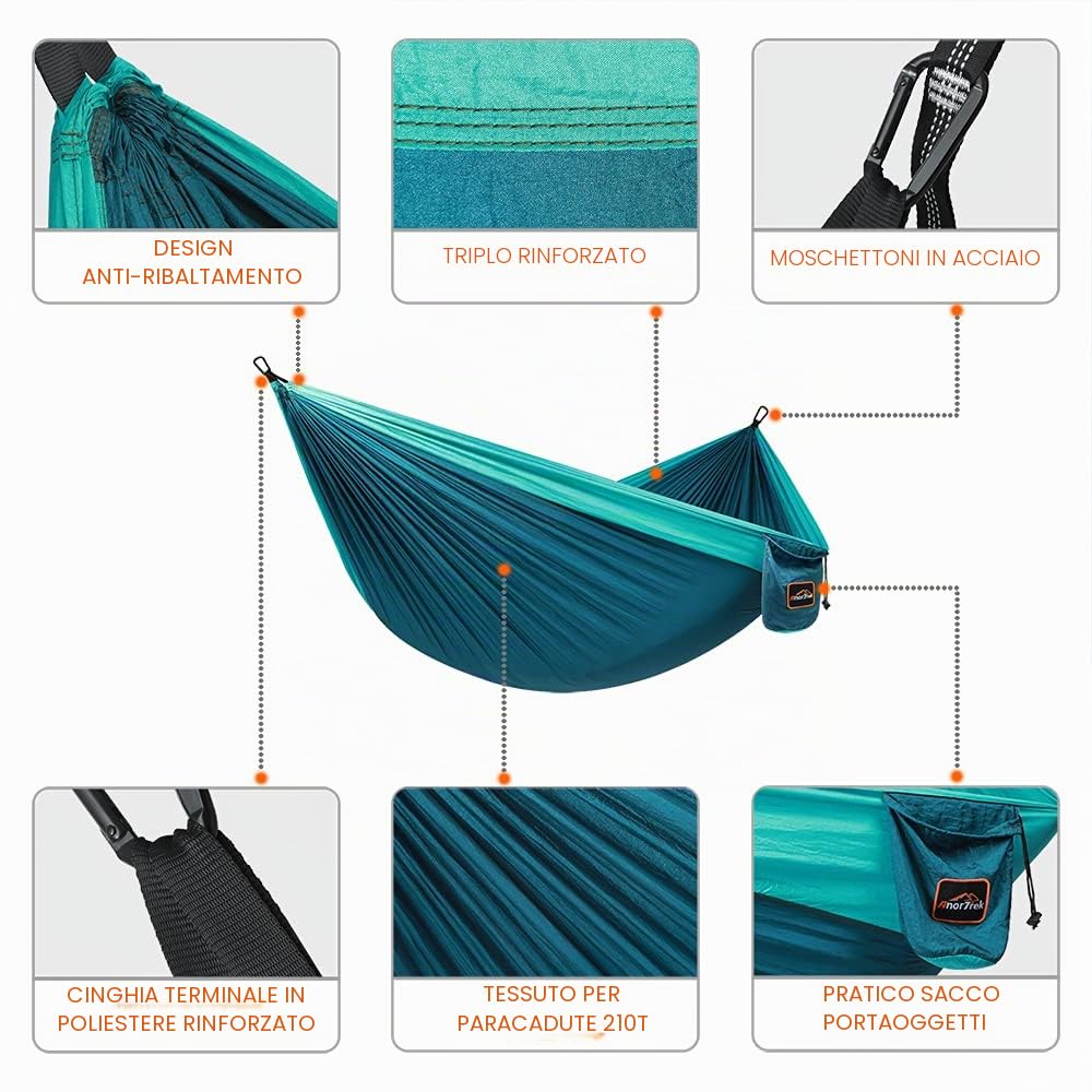 AnorTrek Amaca da Campeggio, Super Leggera e Portatile in Paracadute con Due Cinghie per Albero, Singola o Doppia in Nylon da Viaggio per Campeggio, Backpacking e Escursionismo