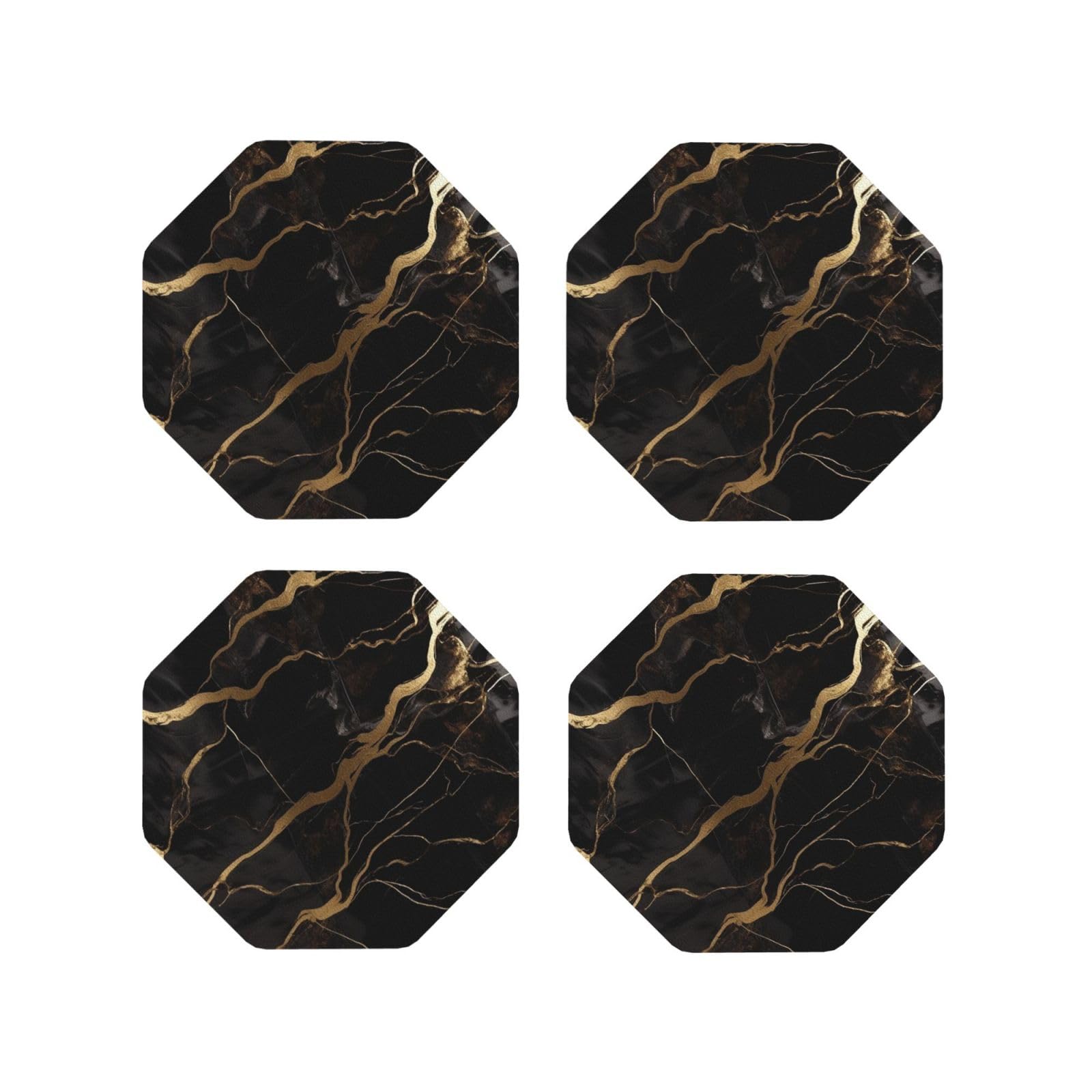 4Pcs PU Leather Coaster for Drinks, Black Gold Marble Cup Coastersr 4" Cup Mat Pad, Aesthetic Drink Coasters for Coffee Table, Octagon Coaster for Tabletop Protection